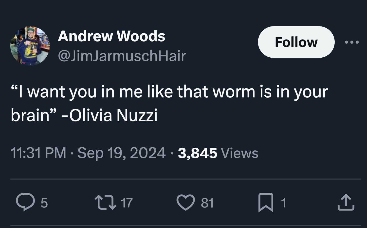 screenshot - Andrew Woods Hair "I want you in me that worm is in your brain" Olivia Nuzzi . 3,845 Views 5 17 17 81 1